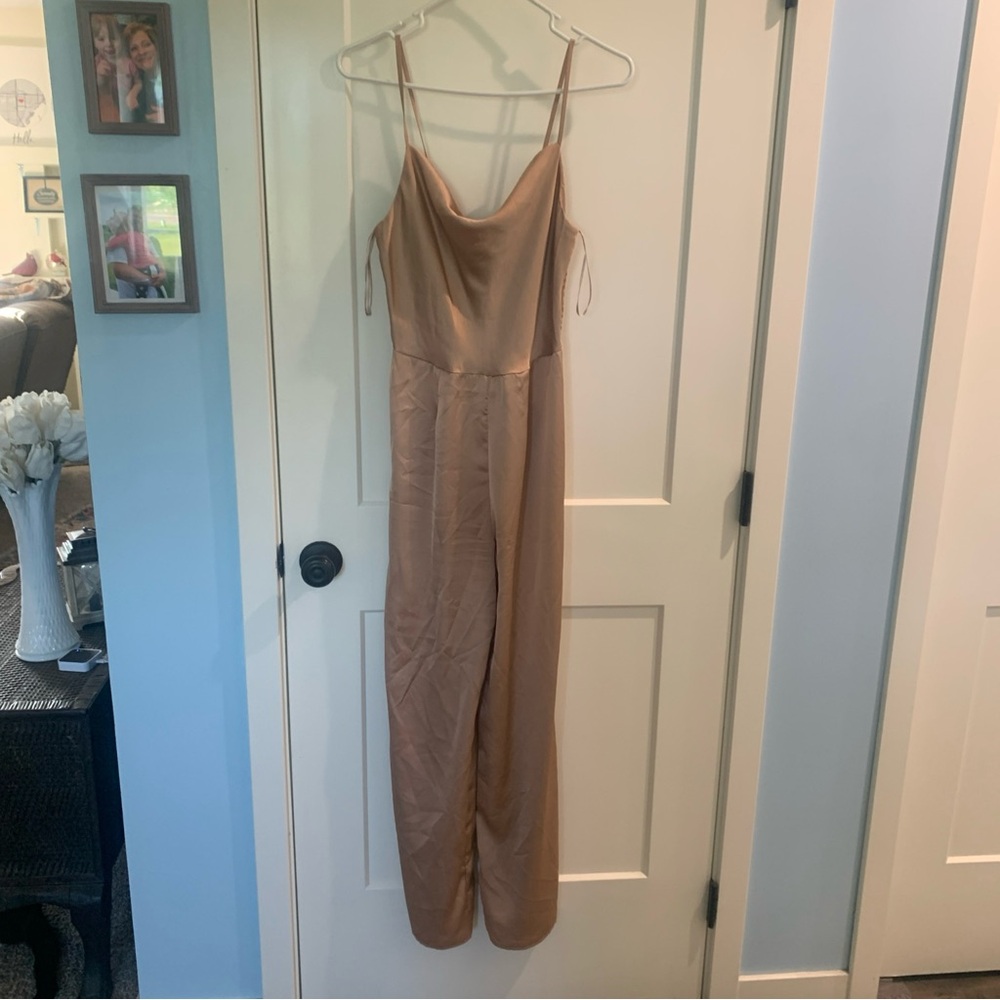 Sincerely Jules Elegant satiny tan Jumpsuit size:Small cowlneck